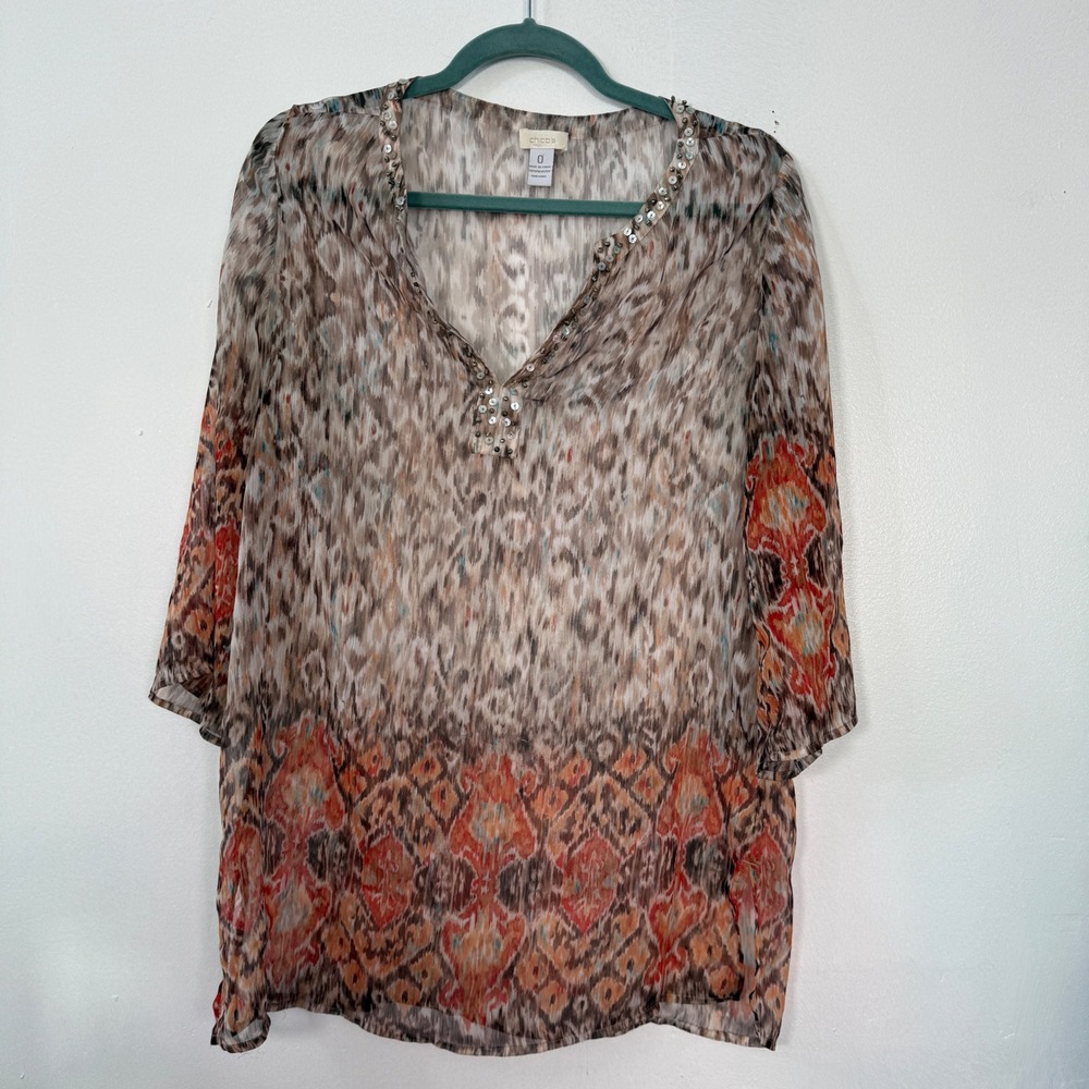Chicos Womens Size 0 Small Boho embellished Sequin V-Neck Sheer Tunic‎ Top Brown